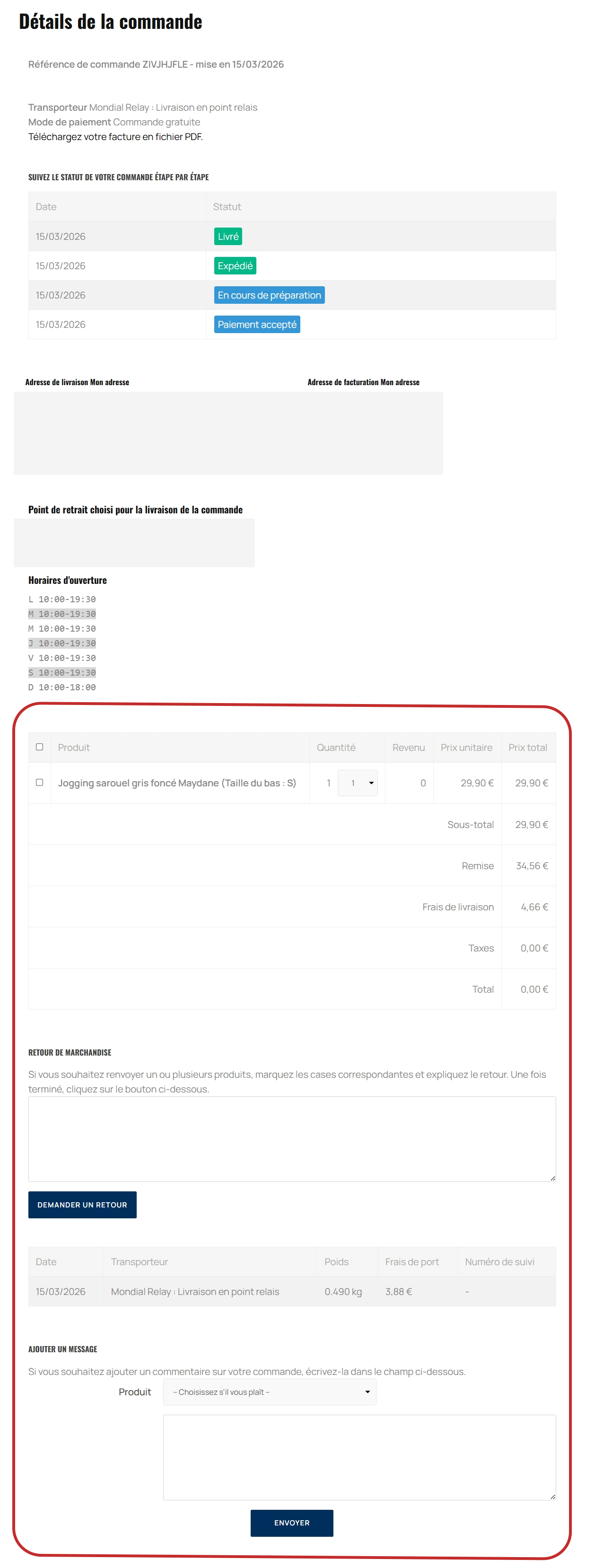 Demande de retour avec compte client